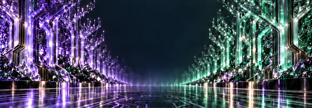 Illustrative electronic forest with violet and emerald circuit trees.