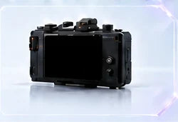 Illustrative professional camera with a black screen.